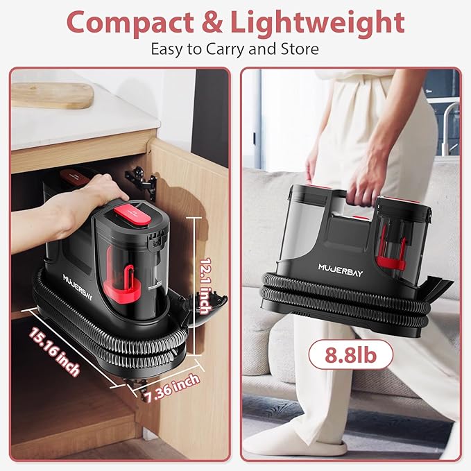 Carpet Cleaner Shampooer Machine, MUJERBAY Portable Spot & Stain Upholstery Cleaner Machine, Easy Move with Handle, 1.5-inch Deep Cleaning Machine for Couch, Stairs, Car and Pet Messes.