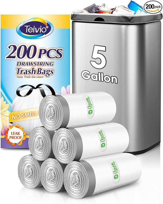 Teivio 5 Gallon 200pcs Strong Drawstring Trash Bags Garbage Bags, Small Plastic Bags for home office kitchen ，White Bathroom Trash Can Bin Liners