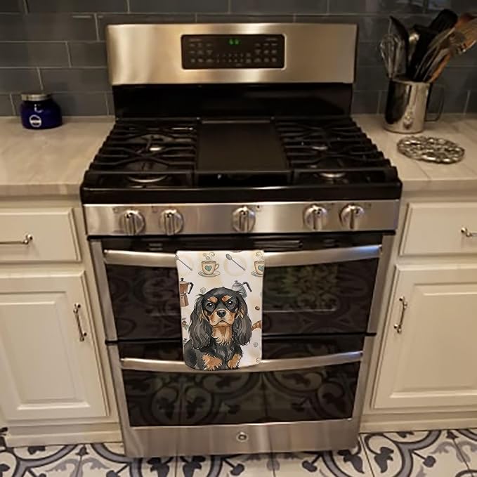 Caroline's Treasures Black and Tan Cavalier Spaniel Coffee Bar Kitchen Towel Velour Plush Front and Cotton Loop Back Machine Washable