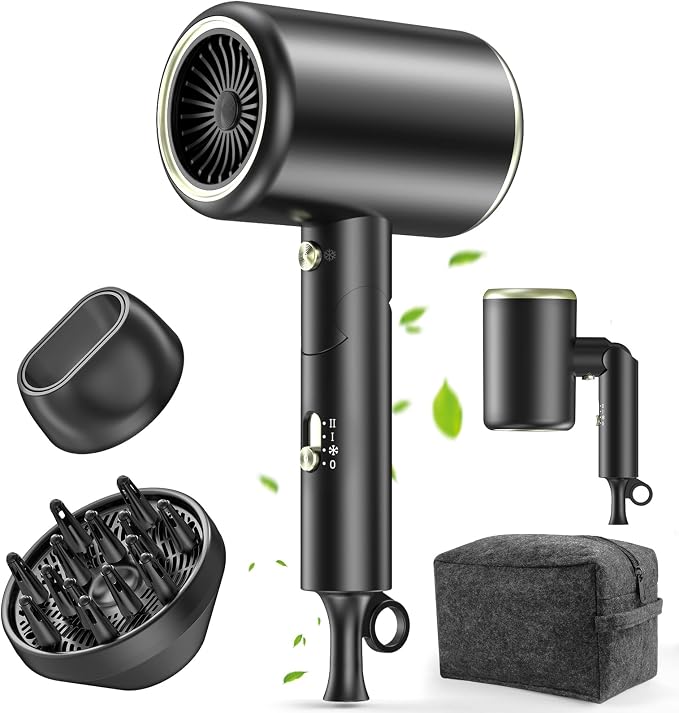 Hair Dryer with Diffuser, 150000 RPM Ionic Blow Dryer, Foldable Travel Hair Dryer with Nozzle, Lightweight Low Noise Fast Drying Hairdryer for Women Men, Portable Mini Hair Dryer, Black