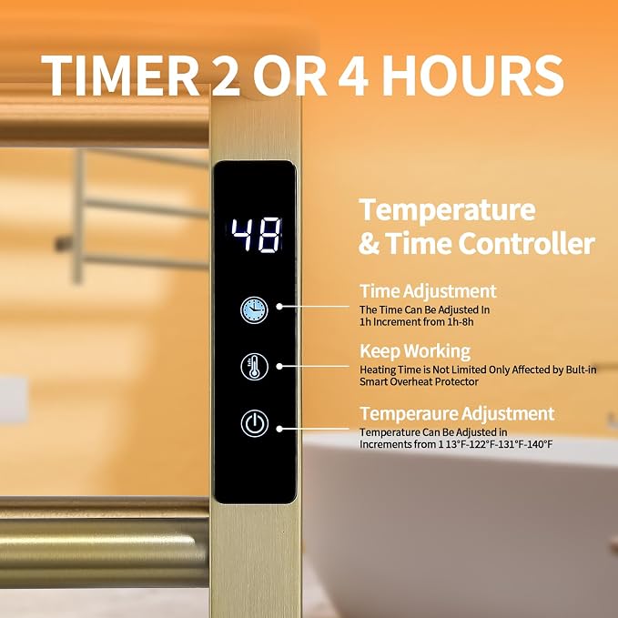 Modern Electric Towel Warmer, Wall Mounted Heated Towel Rack in Brushed Gold, Smart Temperature Control with LED Display