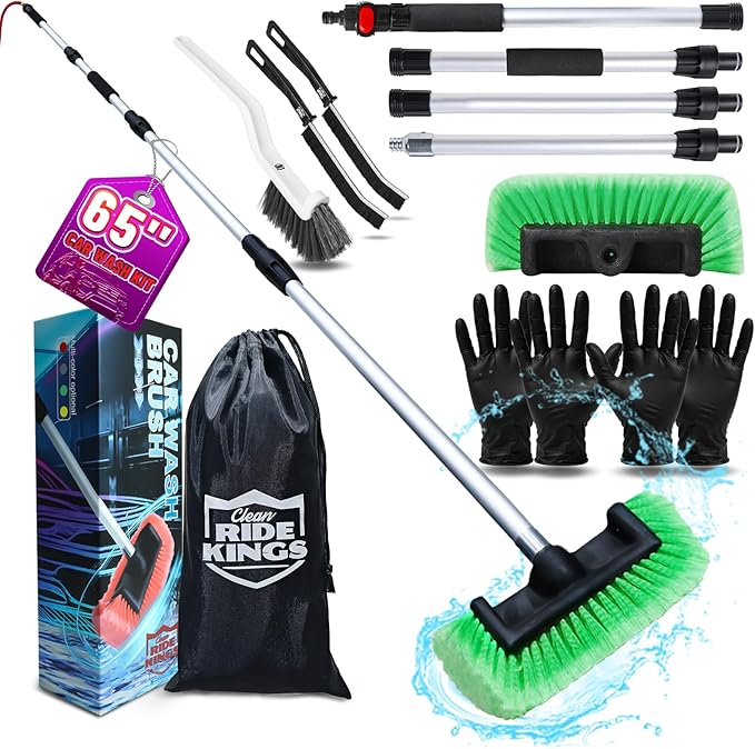 RV Wash Brush (65 in) - Flow-Thru Camper Washing Mop with Soft Bristles - Extendable Pole for Travel Trailer, Motorhome, Siding & High Windows - Includes Detail Brushes (Green)