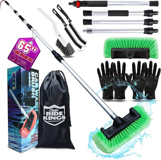 RV Wash Brush (65 in) - Flow-Thru Camper Washing Mop with Soft Bristles - Extendable Pole for Travel Trailer, Motorhome, Siding & High Windows - Includes Detail Brushes (Green)