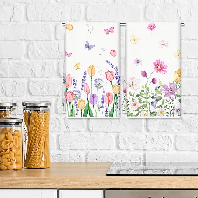 JarThenaAMCS 6Pcs Spring Summer Floral Kitchen Dish Towels Watercolor Wildflower 18 x 28 Inch Assorted Colorful Flower Hand Drying Tea Towels for Bathroom Farmhouse Baking Cooking Cleaning Wipes