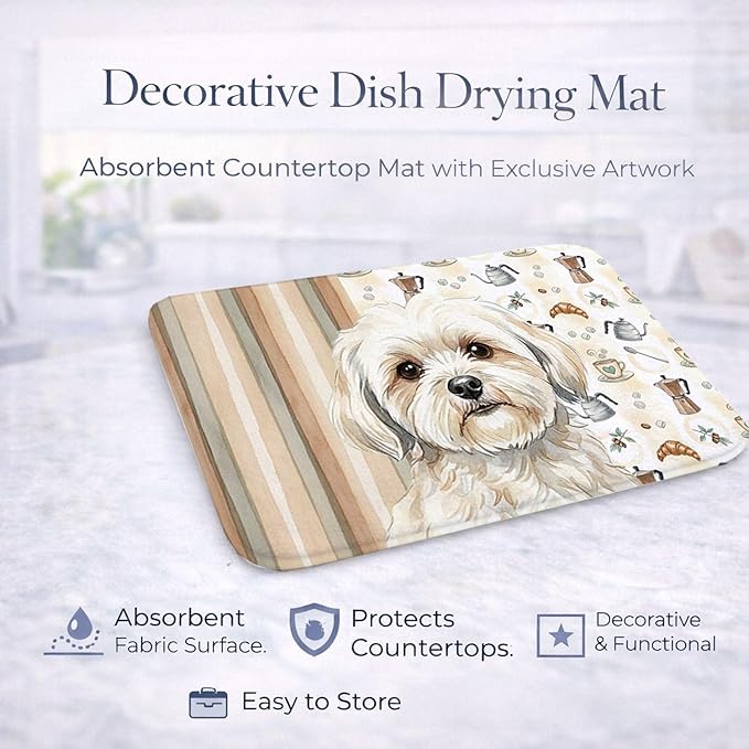 Caroline's Treasures White Lhasa Apso Coffee Bar Dish Drying Mat Absorbent Dish Drying Mat Pad for Kitchen Counter Dish Drainer Mat for Countertop, 14 x 21", Multicolor