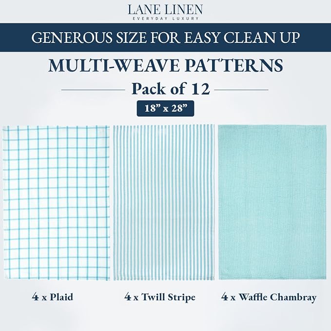 LANE LINEN Kitchen Towels & Dishcloths Set of 12-100% Cotton, Quick-Drying 18” x 28” Absorbent Dish & Tea Towels, Soft Hand Towels for Kitchen - Aqua