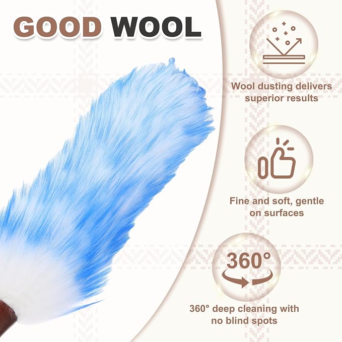 uxcell Wool Duster, 20.5" Natural Feather Cleaner Household Cleaning Duster with Solid Wooden Handle for Cleaning Fans Window Blinds Shelves Furniture, White Blue