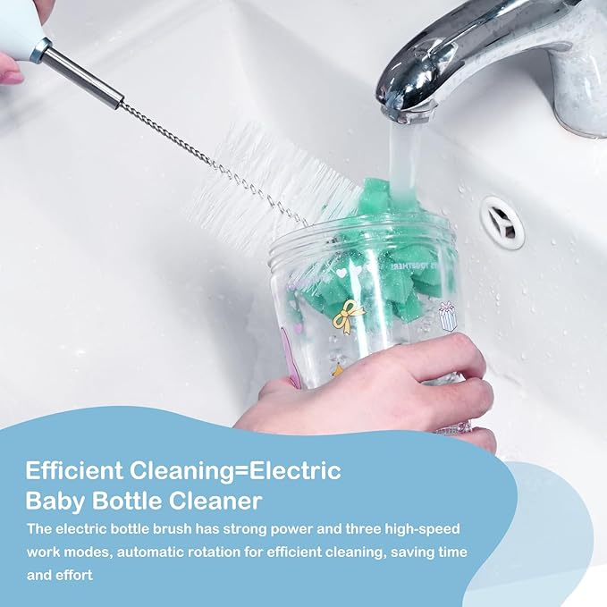 Electric Bottle Brush Cleaner with Holder, Rechargeable Automatic Water Bottle Cleaner with Stainless Steel Extension Handle, Extra Long Water Bottle Brush,Nipple Brush, Straw Cleaner Brush,