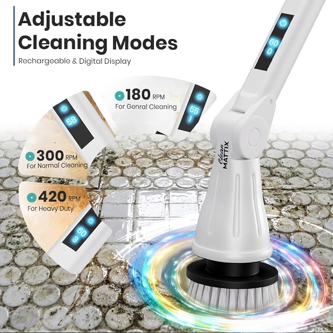 Electric Spin Scrubber – 8-in-1 Cordless Power Scrubber with 8 Brush Heads & Extendable Handle – Rechargeable Cleaning Brush for Bathroom, Shower, Tile, Grout, Tub & Floor