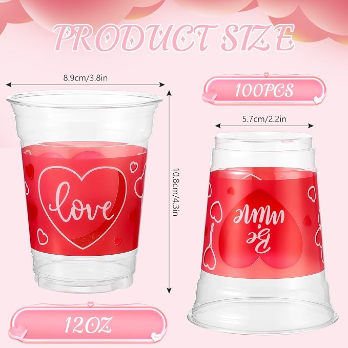 Meanplan 100 Pcs 12 oz Valentine Plastic Cups Bulk Valentine Drinking Cups Pink Heart Glasses Drinking Galentine Day Party Favor Supplies for Beverages Iced Juice Wedding Anniversary(Be Mine Style)