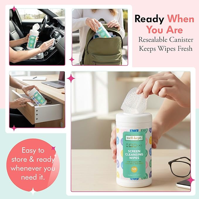 Well-Kept Tech & Lens Wipes - Eyeglass, Screen & Phone Cleaning, Multi-Surface, Lint-Free, Pre Moistened, Streak-Free & Non Scratching - NEW Size - All Smiles Canister, (120 Count)