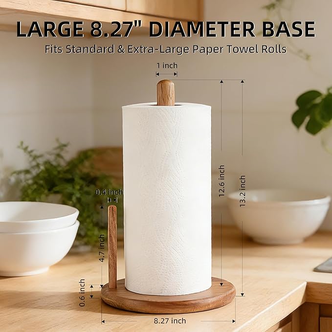 Jumbo Acacia Wood Paper Towel Holder – Large 8.27" Diameter Non-Slip Base, Countertop Wooden Paper Towel Holder for Kitchen, Dining, Coffee Bar, Thick & Stable, Easy Assembly, Natural Wood Finish