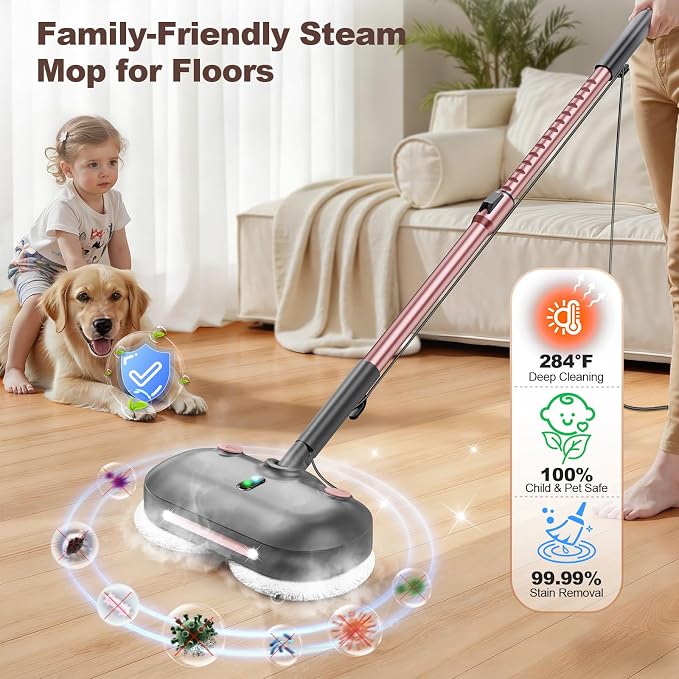 Scrubbing Steam Mop with Rotating Pads,All-in-One Spin Steam Cleaner for Floor Cleaning,Large Tank,23FT Cord, LED Headlights,Reusable Pads & Self-Standing,Safe for Hard Floor/Laminate/Marble