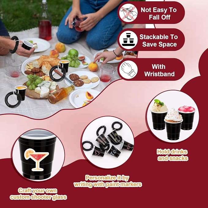 30 Pcs Black Shot Cups with Wristband for Party 2oz Plastic Shot Glasses Bulk Disposable Mini Shot Glasses with Bracelet Wear On Solo Cups for Party Beer Sample Taste Serving Graduation Birthday