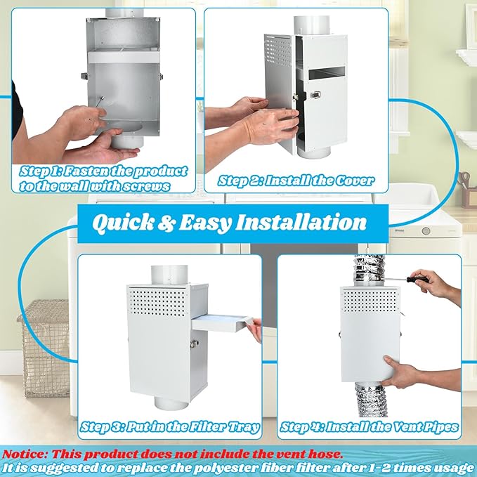 Upgraded Galvanized Steel 3-in-1 Multifunction Indoor Dryer Vent Kit, Dryer Duct Lint Trap, Dryer Vent Box Switch Summer Winter for Electric Dryers, Fits all 4" Dryer Duct Hose