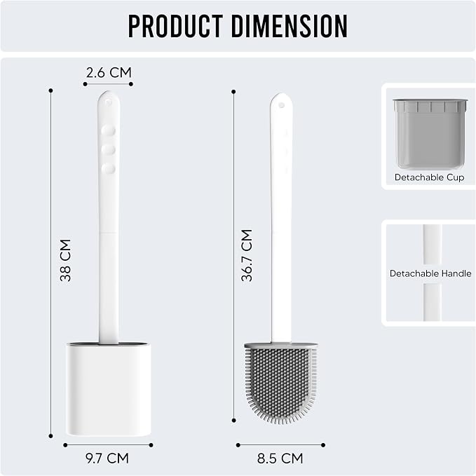 Silicone Toilet Brush and Holder Set – Pack of 2 Wall Mounted Toilet Scrubber Brush White – Long Non-Slip Handle, Modern Design, Flexible Bristles for Easy Cleaning
