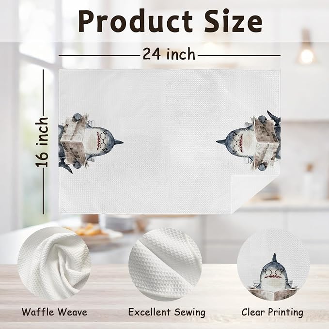 Funny Ocean Shark Hand Towels for Bathroom Washroom Decor, Shark Themed Gifts for Boys Kids, Sharks Decorative Hand Towels Set of 2, Coastal Sharks Reading Newspaper Dish Tea Towels, 16x24 In