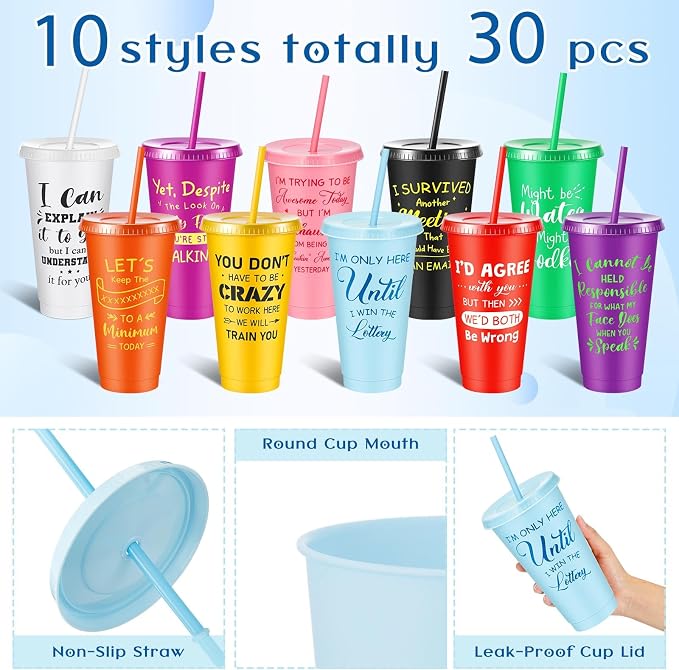 Uiifan 30 Pcs Funny Employee Gifts, Sarcastic Office Gifts for Coworkers Staff, 24oz Colorful Plastic Tumbler with Lids and Straws Bulk, Funny Tumblers for Women Man(Bright Color)