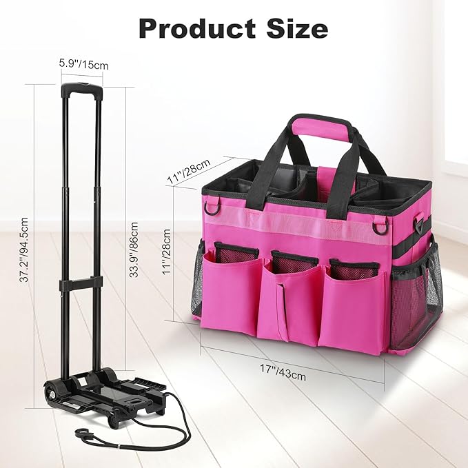 Housolution Rolling Cleaning Caddy Bag with Detachable Trolley, Professional Portable Large Cleaning Bag with Wheels, Wearable Cleaning Supply Bag on Wheels for Housekeepers, Rose Red