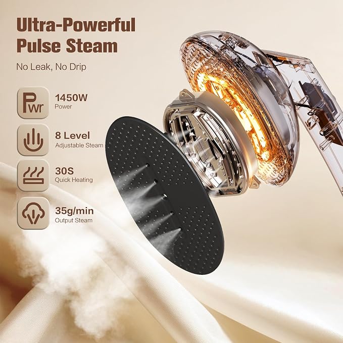 2-in-1 Handheld Steamer for Clothes & lron, 1450W Portable Garment Steamer with Smart LCD Display, 400ml Large Tank,8 Steam Levels, 90° Rotating Head, Fast Heat & Auto-Off for Home/Travel