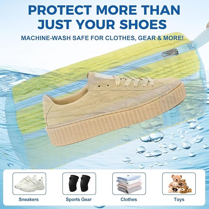 Shoe Washing Machine Bag 2 Pack, Laundry Shoe Bags with Insole Pocket, Reusable Shoe Cleaning Bags for Washer and Dryer, Protective 360° Deep Clean for Sneakers Tennis All Shoes Types（Yellow）