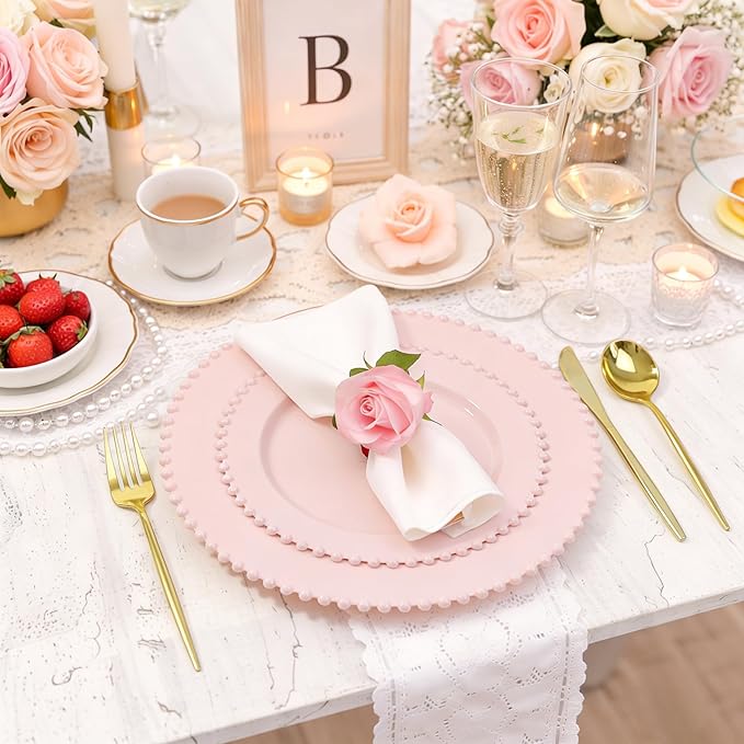 60PCS Pink Plastic Plates - Fancy Disposable Beaded Pink Plates Include 30 Dinner Plate 10’’ & 30 Dessert Disposable Plate 7’’ for Birthday, Baby Shower Spring, Wedding, Party & Mother's Day