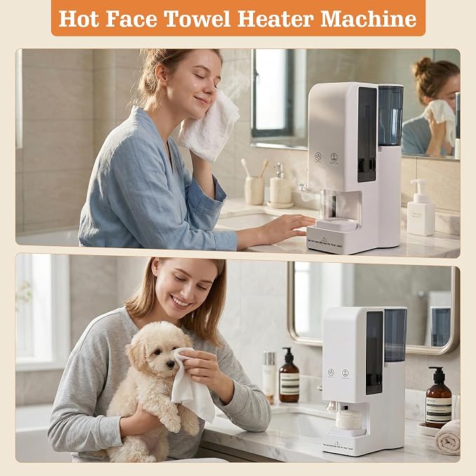 Hot Face Towel Heater Machine with Tray, Towel Warmer, 55°C (131°F) Constant Temperature, 5-Second Fast Heating & Automatic Dispenser, Smart Voice Alerts (Towel Machine + 100PCS Towels)