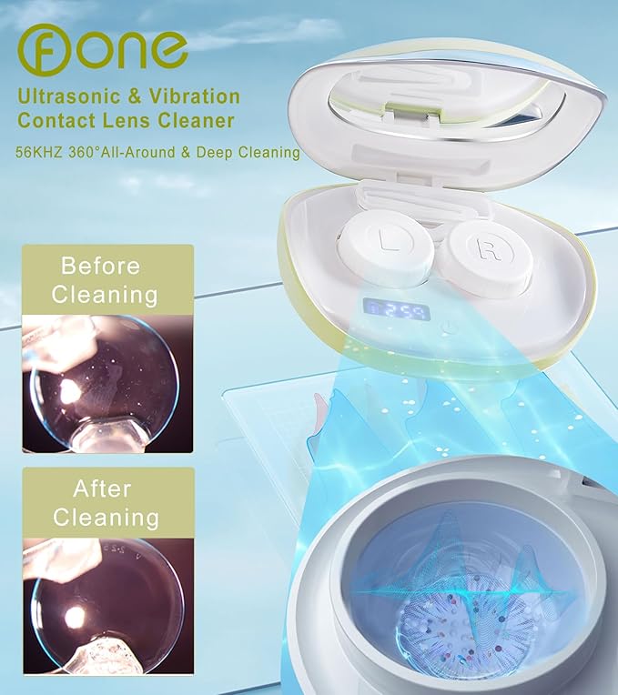 ofone Contact Lens Cleaner, Ultrasonic Contact Lens Cleaning Machine with USB Charger, Timer Display and 5 Contact Solution Cases Kit Replacement for Soft Hard Colored RGP Lenses (Avocado Green)