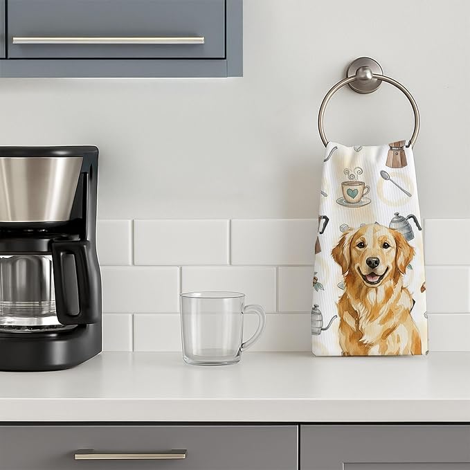 Caroline's Treasures Golden Retriever Coffee Bar Kitchen Towel Velour Plush Front and Cotton Loop Back Machine Washable
