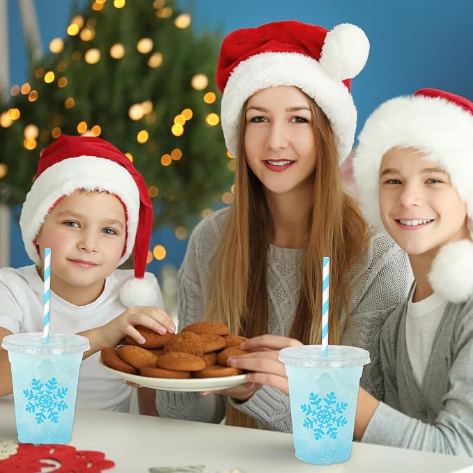 Whaline 50 Pcs Christmas Disposable Plastic Cups with Lids and Straws 12 oz Party Cups Blue Snowflake Cold Beverage Drinking Cups for Winter Xmas Holiday Party Supplies