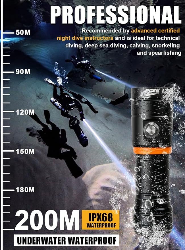 PFSN Scuba Dive Light 3500 Lumen, Underwater 150M Waterproof Diving Flashlight with 485M Narrow Beam, 20Hrs Runtime, Safety Lock Switch, Professional Rechargeable LED Dive Torch for Caving, Snorkeling