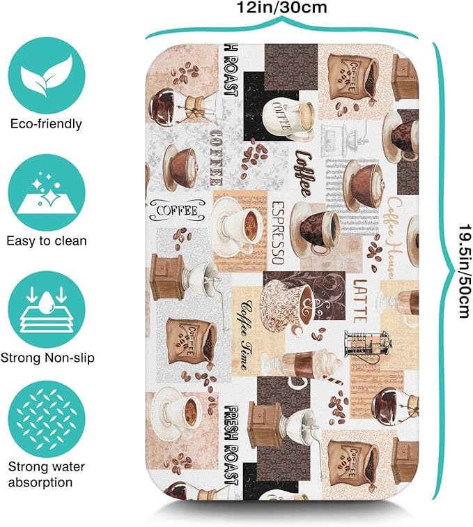Coffee Mat 19inx12in, Absorbent Hide Stain Anti-Slip Coffee Bar Accessories, Dish Drying Mat for Kitchen