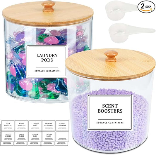 2 Pack Laundry Pods Container,Clear Laundry Room Organization Containers,Large Laundry Detergent Powder Storage Containers with Bamboo Lids & Labels for Scent Booster,Powder,Pods