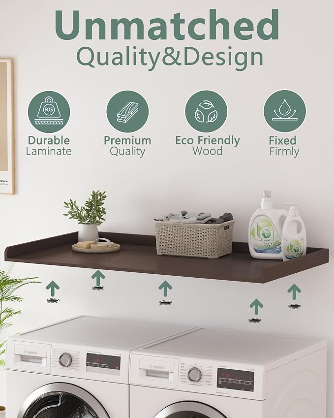 Piskyet Washer Dryer Countertop,Laundry Countertop with Edge Rails,27.5" Depth x 54" Wood Countertop For Washer and Dryer,Laundry Machine Topper for Laundry Room Organization and Storage(Walnut Color)