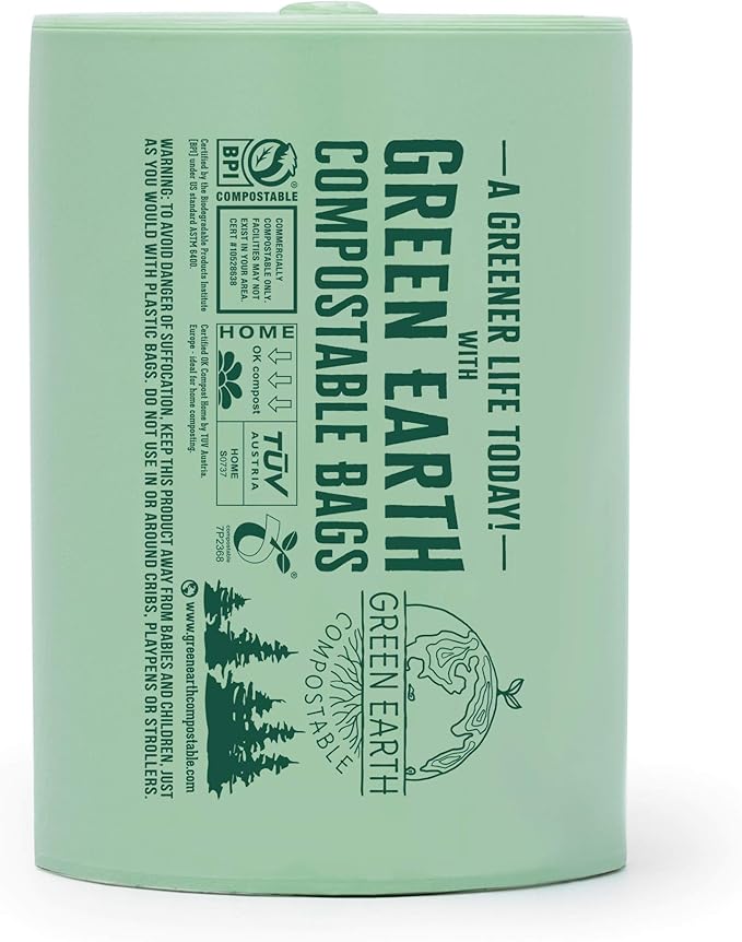 Green Earth Compostable Tall Kitchen Food Scrap Trash Bags, Compost Bin Compatible, 13 Gallon, 49 Liter, 100-Count, Superior Strength 0.9 Mil, ASTM D6400, BPI (US) & OK Compost Home (EU) Certified
