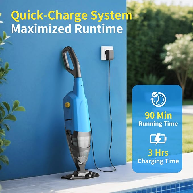 Cordless Rechargeable Pool Vacuum for Above & In-Ground Pools – 18GPM Suction, 90 Min Runtime, Fast 3H Charge, 69" Detachable Pole – Deep Clean for Spa, Hot Tub, Sand, Leaves, Debris (Blue)