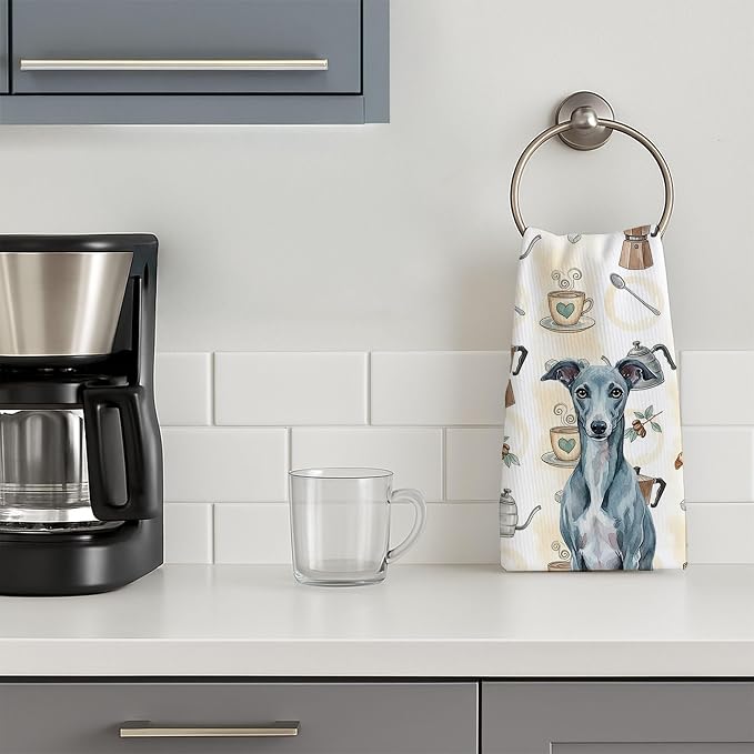 Caroline's Treasures Blue Whippet Coffee Bar Kitchen Towel Velour Plush Front and Cotton Loop Back Machine Washable