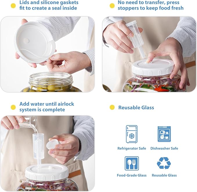 2 Pack Large Fermentation Jars, 1.5 Gallon Glass Jars with 100% Airtight Lid & 3 Airlocks, Large Mason Jars with Scale Line, Pickle Jar, Sourdough Starter Jar for Veggies, Sauerkraut, Kombucha