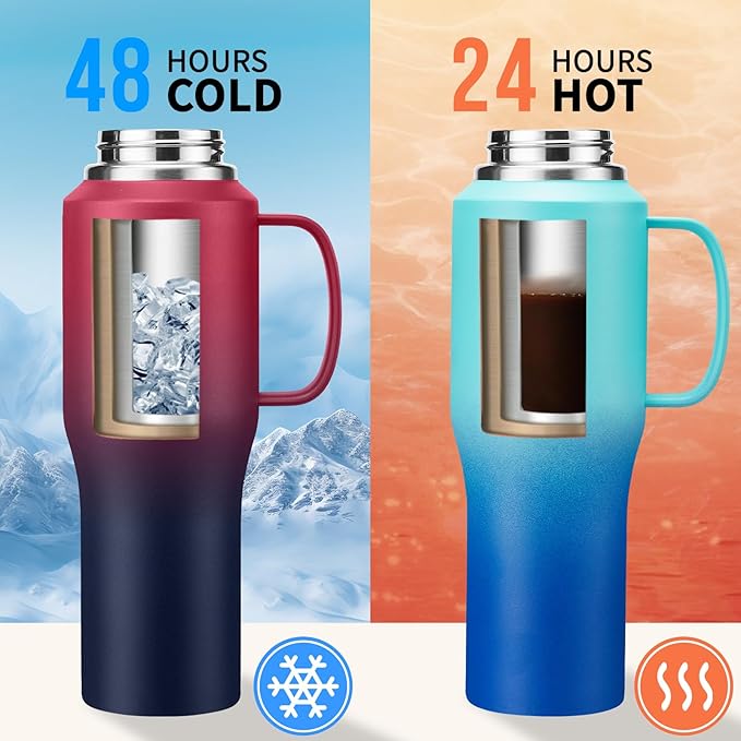32 40 OZ Insulated Water-Bottle with Handle - Straw & Chug Lid, Strap Carrier Bag & Protective Boot, Stainless Steel Coffee Travel Tumblers, Leak-Proof, Skinny Flask Fit in Car Cup Holder