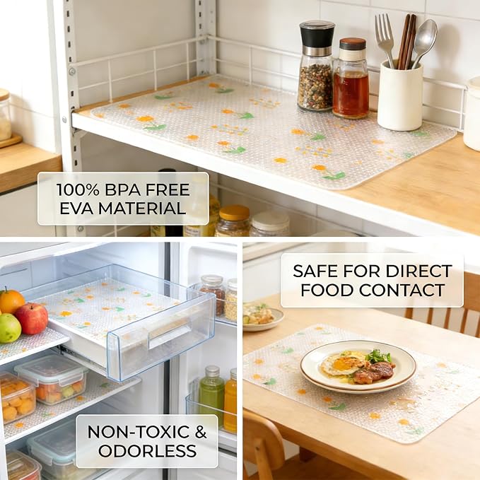 Beautysaid Shelf Liner Non Adhesive — EVA Drawer & Cabinet Liner, Waterproof Non Slip Kitchen Shelf Paper, Thick Washable Refrigerator Mat for Cabinet Shelves & Pantry, Floral, 18 in x 20 FT