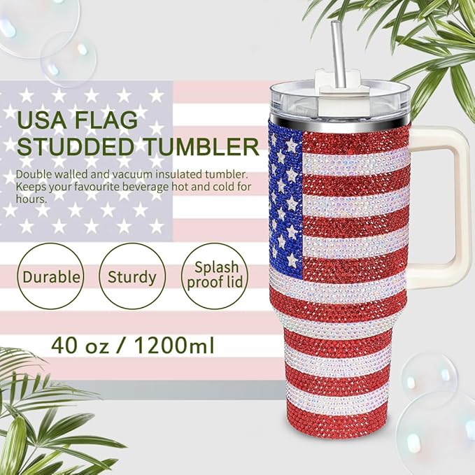 HWISDMIG 40oz Tumbler with Handle-Glitter Rhinestones Tumbler Bling Cups Stainless Steel Water Bottle Diamond Studded Tumbler for Women-Birthday Gifts for Women, Mom, Wife, Girlfriend (Usa Flag)