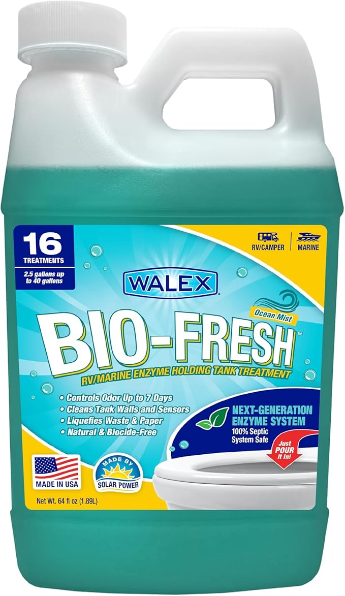 Walex Bio-Fresh Liquid Enzyme Holding Tank Treatment for RV, Camper & Marine - Black Water Tank Deodorizer, Liquifies Waste & Toilet Paper, Septic Tank Safe, Biocide-Free, Ocean Mist, 64oz