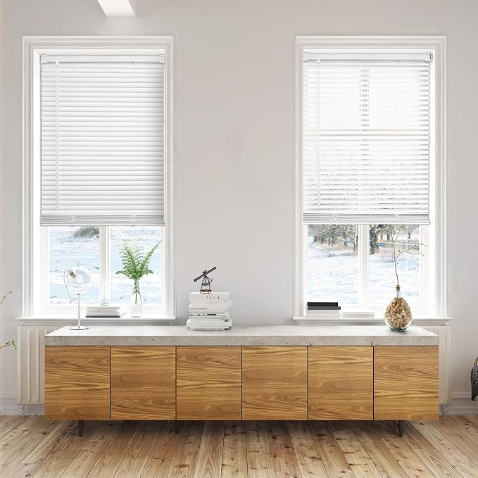 Changshade Venetian Vinyl Mini Blinds 1 Inch Cordless Horizontal Window Shades Pull Down Light Filtering Privacy 1" Vinyl Slat Size with Tilt Wand for Home Office, Easy to Install, 32" Wx64 H, White