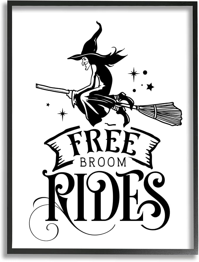 'Free Broom Rides Typography Magical Witch'| Framed Giclee Art | Stupell Industries | Black, 24 x 30 Inches, Easy to Hang and Sturdy, Made in USA, by Lettered and Lined