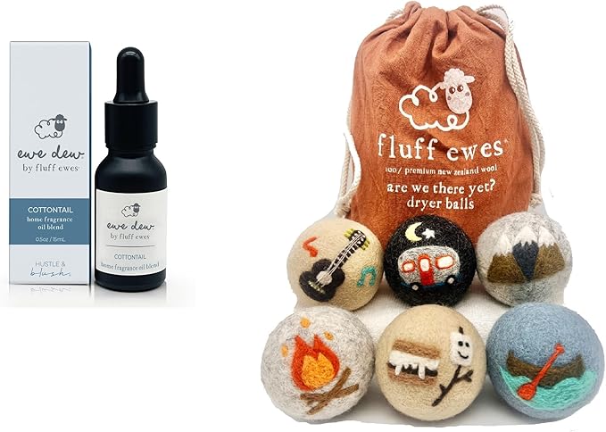 Fluff Ewes Premium Handmade New Zealand Reusable Wool Dryer Balls for Laundry & Baby + Ewe Dew Home Fragrance Aromatherapy Dryer Ball Essential Oil Blend, 2 Pack, are We There Yet + Cottontail 0.5oz