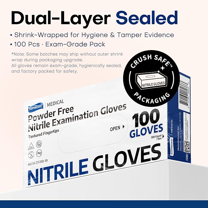 Supmedic Medical Soft Max™ Nitrile Exam Gloves, 1000Pcs Latex-Free Powder-Free Food Safe Clean Cooking Disposable Glove Black