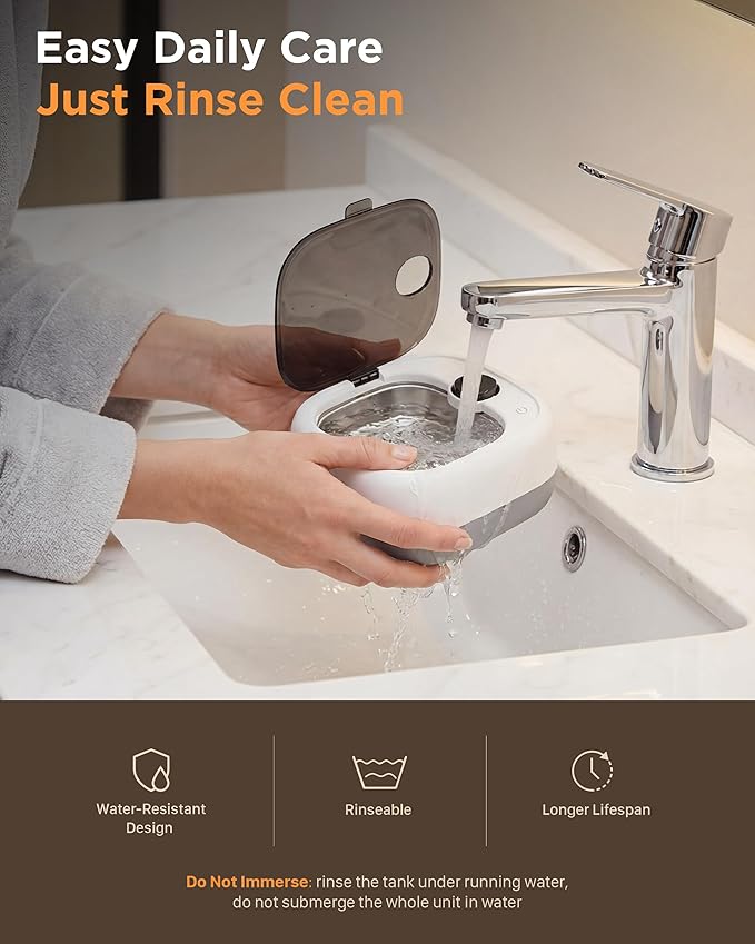 UEOFEN Cordless Ultrasonic Retainer Cleaner: 10-14 Cleans per Charge, 7-Day Travel Power - Smart Battery Percentage Display & UV Light - Compact for Retainers, Aligners, Partial Dentures, Jewelry