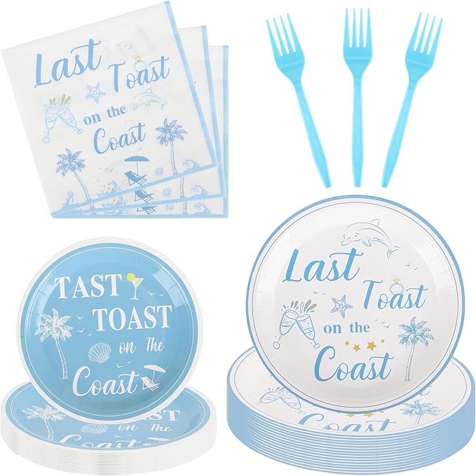 200PCS Last Toast on the Coast Party Supplies Serve 50,Coastal Bachelorette Party Paper Plates,Napkins,And Forks Kit for Birthday,Summer, Bachelorette Parties Decorations