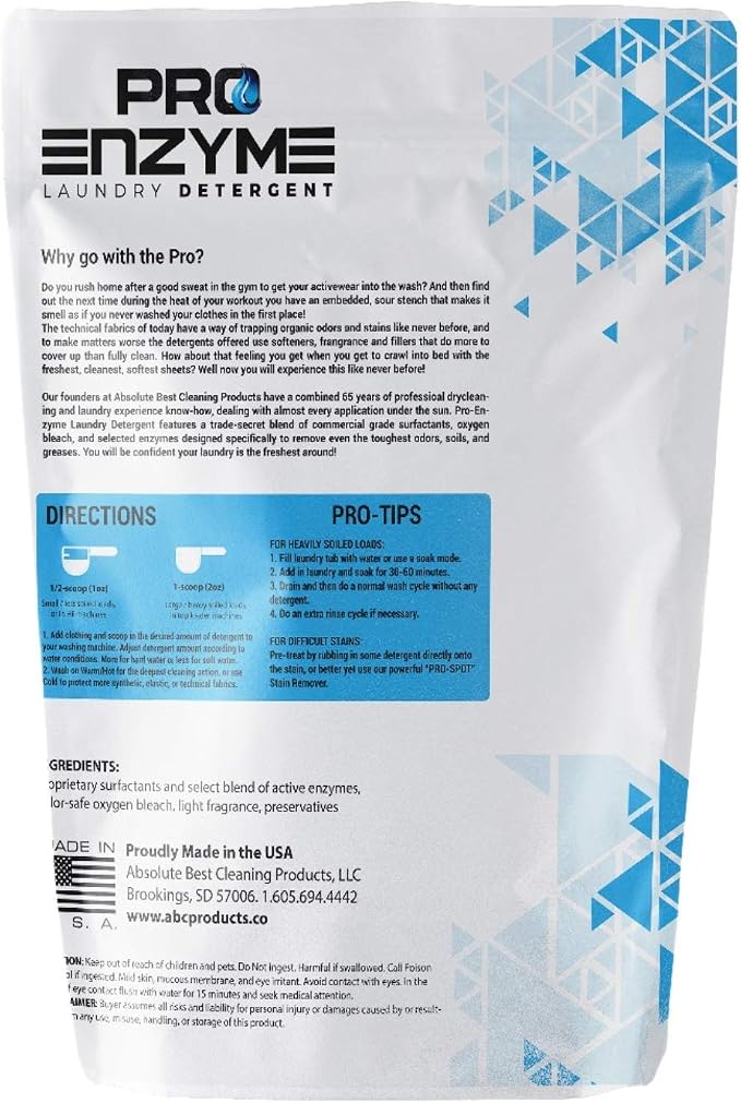 Pro-Enzyme Laundry Detergent Powder, Non-Irritating Professional Strength Natural Active Enzymes - Powerful Sweat, Odor & Stain Remover for Activewear, Clothing, Bedding, Use in All Machines, 96 Loads