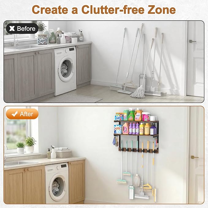 Housolution 2 Tier Broom Holder Wall Mount with Cleaning Supplies Organizer, 100 LBS High Load-Bearing Laundry Room Storage Shelves, Multifunctional Mop Hanger Rack with 7 Grippers & 8 Hooks